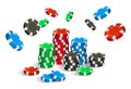 Colorful red, green, blue and black casino chips flying and stack isolated