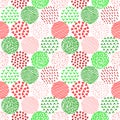 Colorful red and green patterned circles geometric seamless pattern, vector