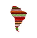 Colorful red and green textured South America continent in doodle geometric ornament, vector