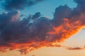 Colorful red and orange fluffy clouds at blue sky in sunset time, beautiful nature cloudscape Royalty Free Stock Photo