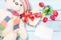 Colorful red spring tulip flowers in nice blue vase, blank photo frame and stuffed toy teddy bear with decorative heart on light w Royalty Free Stock Photo