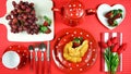 Colorful red theme breakfast brunch table setting flatlay. Royalty Free Stock Photo