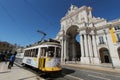 Colorful red tram at the Commerce Square of Lisbon in Spring Royalty Free Stock Photo