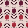 Colorful red tulips flowers hand drawn vector illustration. Scandinavian floral ornament seamless pattern for fabric. Royalty Free Stock Photo