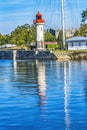 Red White Lighthouse Reflection Entrance Harbor Honfluer France Royalty Free Stock Photo