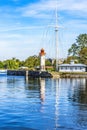 Red White Lighthouse Reflection Entrance Harbor Honfluer France Royalty Free Stock Photo