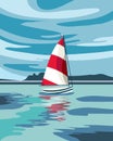 Colorful red and white yacht in the ocean, seascape with cloudy sky. Travel concept. Summer illustration Royalty Free Stock Photo