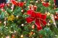 Colorful Red, Yellow and Green Christmas Tree Bokeh background of de focused glittering lights Royalty Free Stock Photo