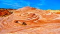 The colorful red, yellow and white banded sandstone rock formations along the Fire Wave Trail in the Valley of Fire State Park