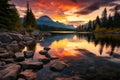 Colorful reflection High Tatra mountain lake, sunset, autumn hiking beauty