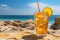 Colorful refreshing cold tropical fruit punch drinks in summer rocks beach background with copy space Royalty Free Stock Photo