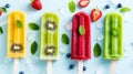 Colorful and Refreshing Fruit Popsicles on White Background