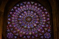 Colorful religious stained glass rose window of the Cathedrale Notre Dame de Paris, France