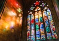 Colorful religious stained glass window, St. Vitus Cathedral in Royalty Free Stock Photo