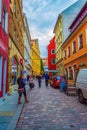 Paved street to Market square and colorful historical houses Meissen Germany Royalty Free Stock Photo