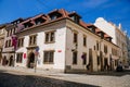 Colorful renaissance historical buildings in the center of Plzen in sunny day. Pilsen, Western Bohemia, Czech Republic