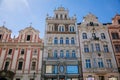 Colorful renaissance historical buildings in the main Republic square of Plzen in sunny day. Pilsen, Western Bohemia, Czech