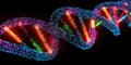 Colorful representation of a DNA double helix structure with glowing elements in a dark background Royalty Free Stock Photo