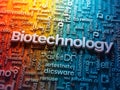 Colorful representations of various terms and concepts related to biotechnology fill the background