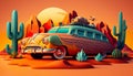 Colorful Retro Car, Holiday Vacation Design At Sunny Landscape - Generative AI