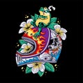 Colorful Retro helmet with skull, koi fish and water image with smoking frog sitting on it on leaf and flower background