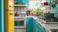 Colorful retro kitchen with bright cabinets and eclectic decor