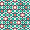 Retro Mod Vector Seamless Polka Dot Pattern in red, green, cream on dark blue background. Stylish Classic Print