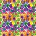 Colorful retro watercolor floral sixties style seamless pattern. Modern fun vintage doodle flower linen background