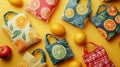 Colorful reusable shopping bags with fruit patterns Royalty Free Stock Photo