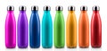 Colorful reusable stainless thermo bottles for water or another liquid with closed cap. Steel eco bottle. Plastic free. Royalty Free Stock Photo