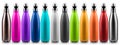 Colorful reusable stainless thermo bottles for water or another liquid, half open cap. Steel eco bottle, no plastic.