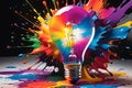 Colorful Revelation: Eureka Moment Captured with a Lightbulb Surrounded by a Vibrant Explosion of Paint Mid-Dispersal Splash