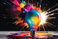 Colorful Revelation: Eureka Moment Captured with a Lightbulb Surrounded by a Vibrant Explosion of Paint Mid-Dispersal Splash