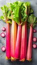 Colorful rhubarb stalks with leaves arranged on a marble background