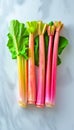 Colorful rhubarb stalks with leaves arranged on a marble background