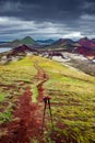 Colorful rhyolite volcanic mountains Landmannalaugar in Icelandic Highlands as pure wilderness in Iceland, Stutur volcano crater Royalty Free Stock Photo