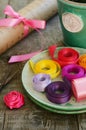 Colorful ribbons and wrapping paper for floristics and decor