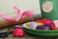 Colorful ribbons and wrapping paper for floristics and decor