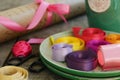 Colorful ribbons and wrapping paper for floristics and decor Royalty Free Stock Photo