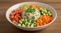 Colorful Rice Bowl with Diced Vegetables and Lime Royalty Free Stock Photo