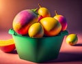 Colorful ripe mangoes in a green bucket with studio lighting.