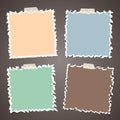 Colorful ripped, notebook, notepad paper sheets, note for text or message stuck with sticky tape on gray background.