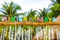 Colorful Riviera Maya swing lettering sign symbol on beach Mexico