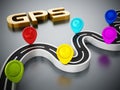 Colorful road markers, motorway and gps text on dark background. 3D illustration