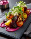 Colorful roasted vegetables with beetroot hummus on slate plate Royalty Free Stock Photo