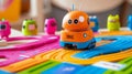 A colorful robot coding kit with small bots, coding cards, and tracks Royalty Free Stock Photo
