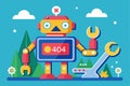 A colorful robot stands with tools in a vibrant outdoor landscape showing a 404 error, Oops! 404 error with a broken robot Royalty Free Stock Photo