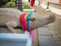 A colorful rock crocodile sculpture