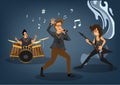 Colorful Rock Musicians: Guitarists, drummers, singers, characters happily perform their music in rock music. Flat style cartoon Royalty Free Stock Photo