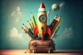 Colorful rocket, back to school, creative digital illustration painting, abstract background